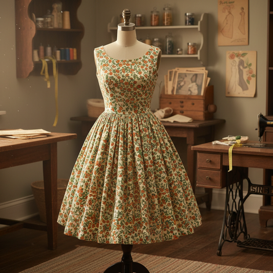 vintage inspired dress with a Pattern of oranges and green leaves on a white background