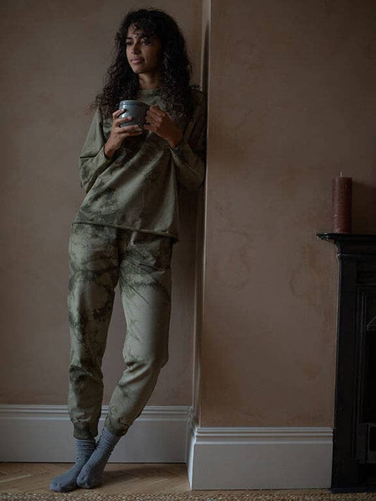Organic Fleece Tie-Dye Tracksuit Trouser: Olive tie-dye Size SMALL