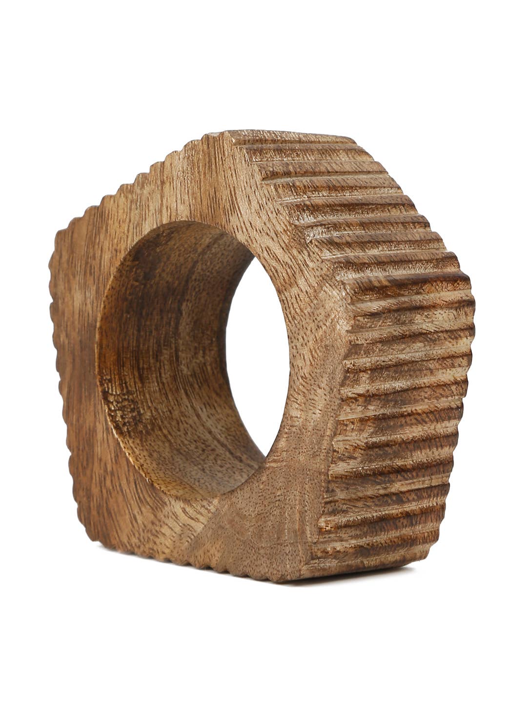 Wooden napkin ring with textured surface on a white background
