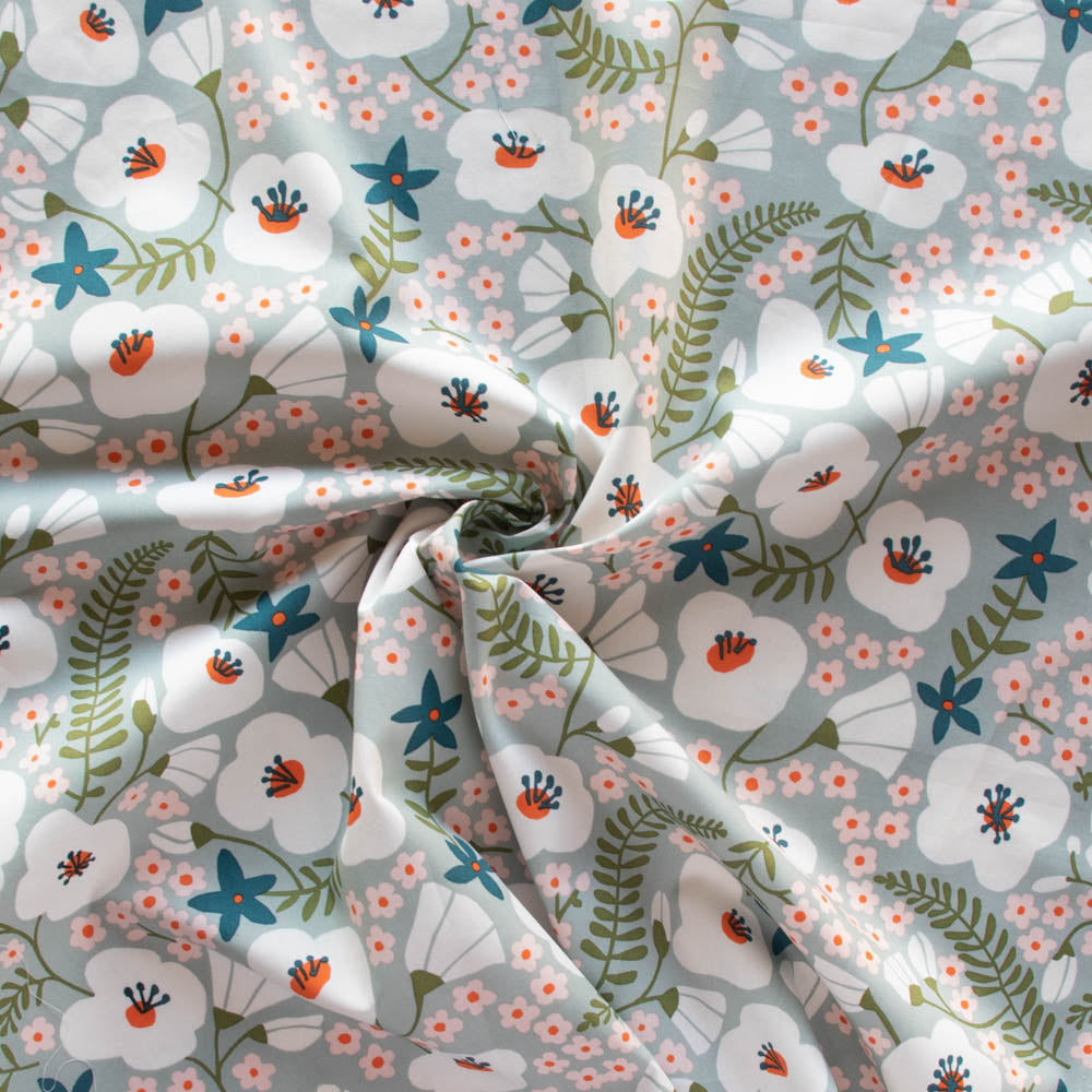 Big Blooms Gray Mist Organic Poplin