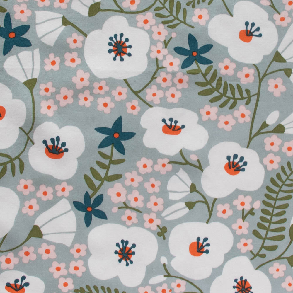 Big Blooms Gray Mist Organic Poplin