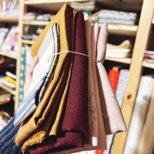 Premium European linen fabric pieces from grab bag showing natural texture and quality