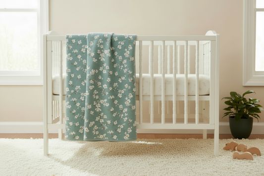 Pattern of white flowers with yellow centers on a light blue background