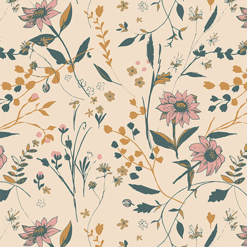 Floral pattern with pink flowers and green leaves on a beige background