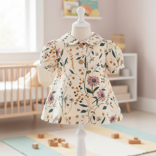 Children's floral dress on a mannequin in a nursery setting