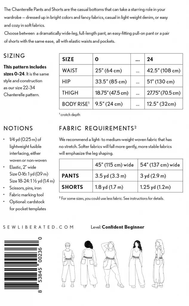 Chanterelle Pants and Shorts Paper Pattern Sizes 0-24 Sewing Pattern