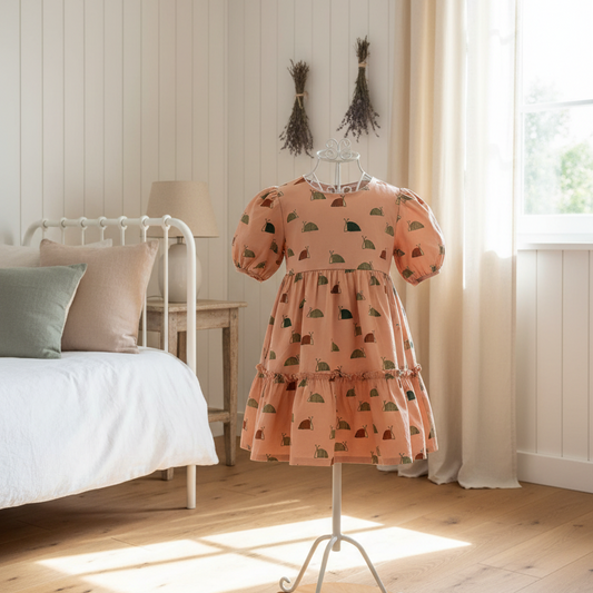Pink dress on a mannequin in a bedroom with a bed and window in the background