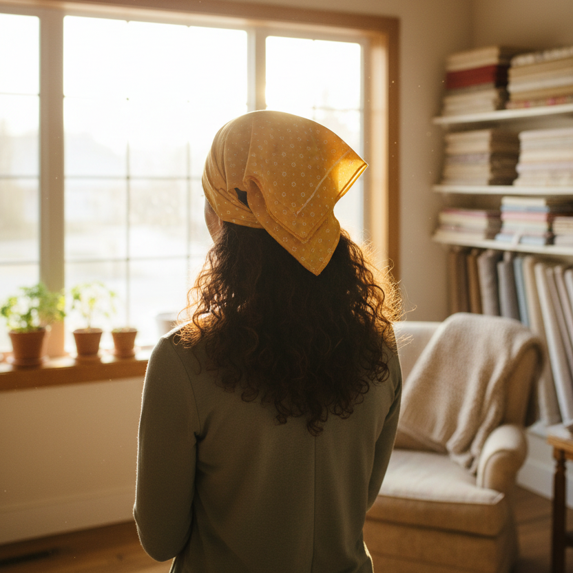 Woman wearing a yellow cap in a cozy room with wooden beams and a window.