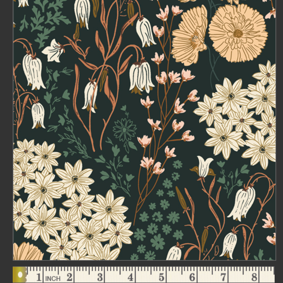 Floral patterned fabric with a ruler at the bottom for scale on a dark background
