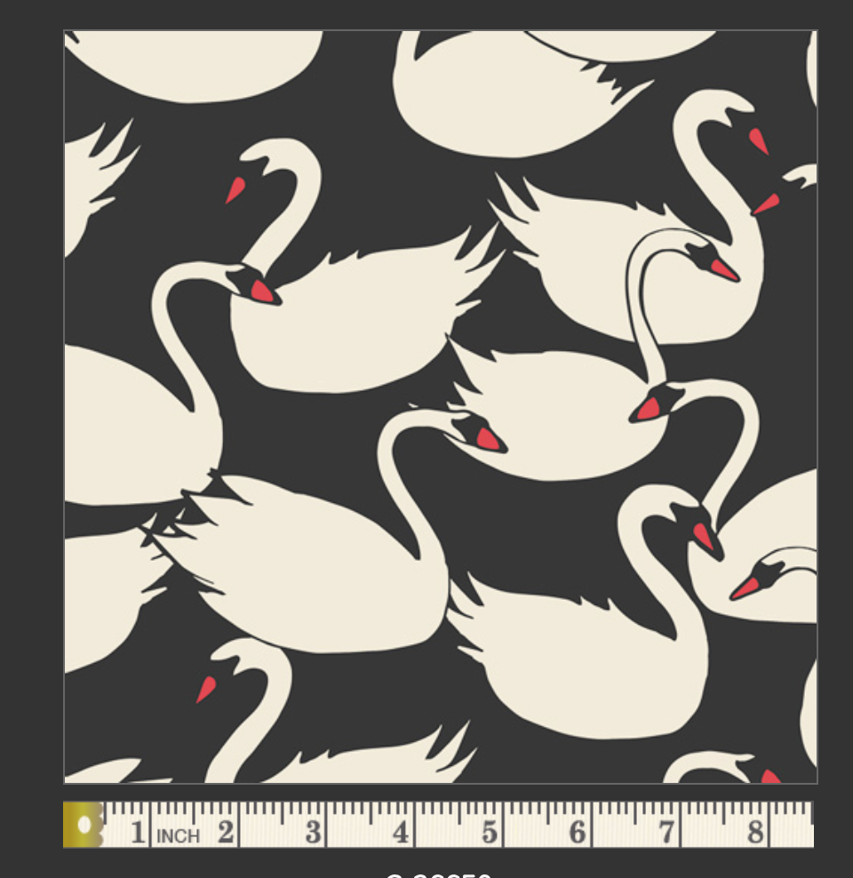 Pattern of white swans with red accents on a black background, with a ruler for scale at the bottom.