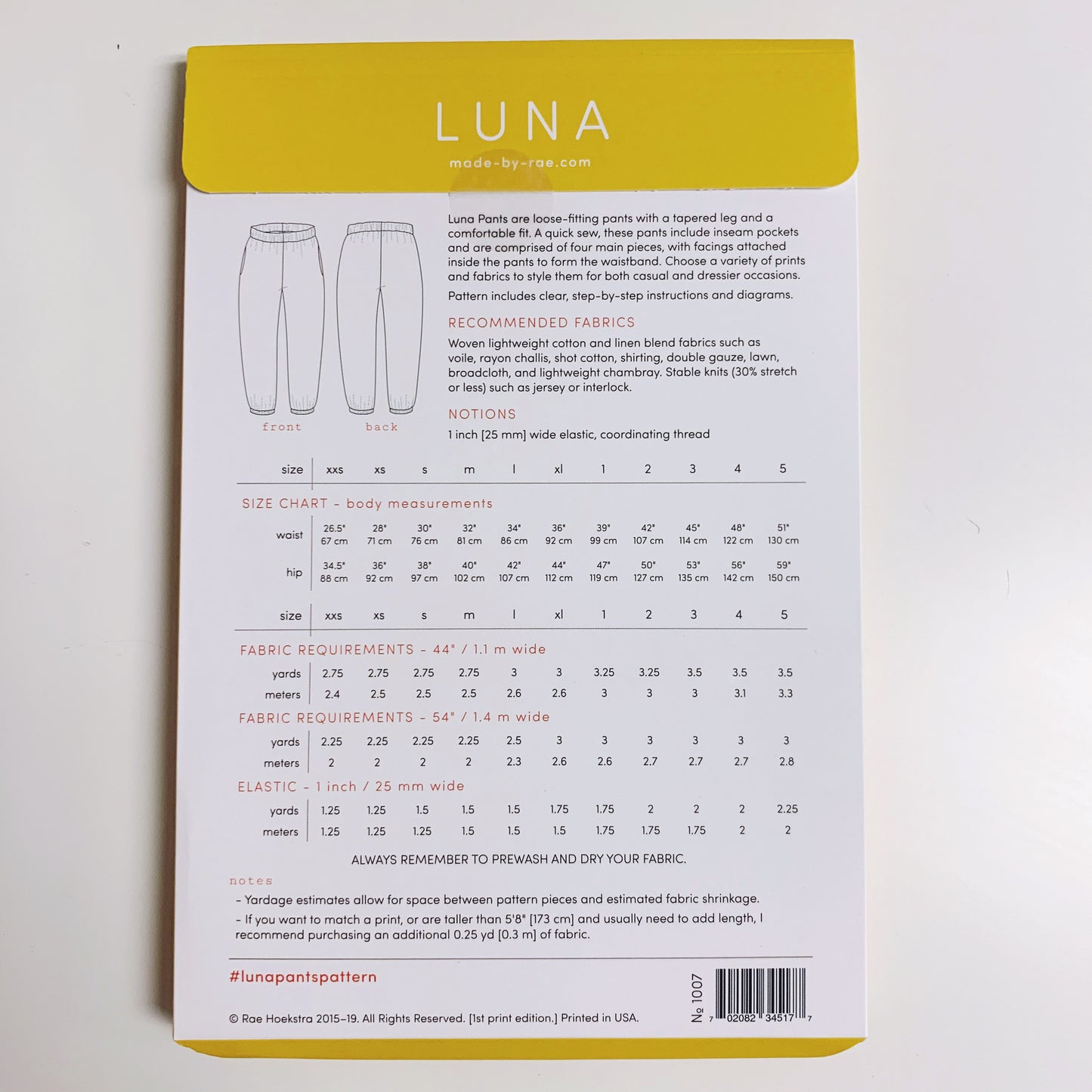 Luna Pants Paper Pattern XXS, XS, S, M, L, XL& Plus Sizes 1-5