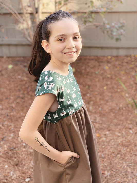 Geranium Dress in Llama Life from the New Faraway Places Collection - Coupon Code Inside