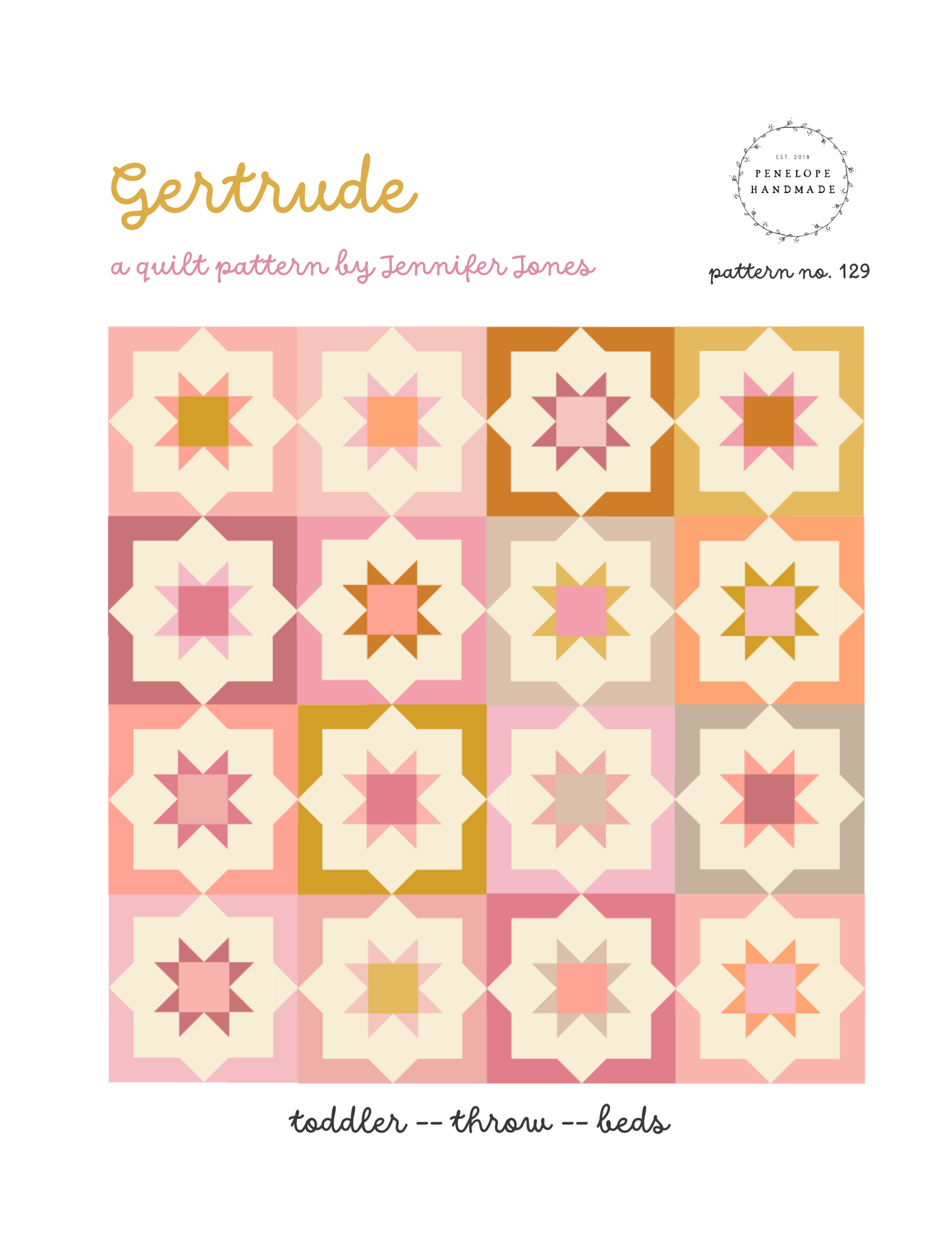 Quilt pattern cover with geometric star design in pink, orange, and beige on a white background.