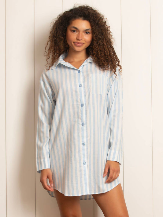 Mirielle Cotton Twill L/S Button Up Sleep Shirt - Placid: Placid Blue Stripe (PBT) / L | FINAL SALE