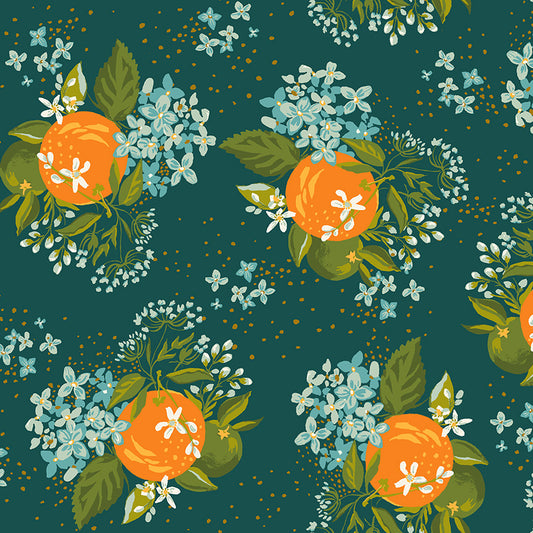 Pattern of oranges and flowers on a dark green background