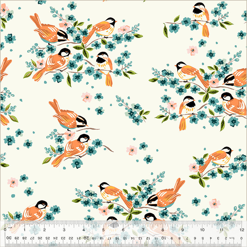 Pattern of birds and flowers on a white background with a ruler at the bottom.