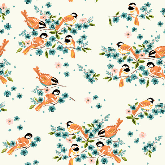 Pattern of birds and flowers on a white background