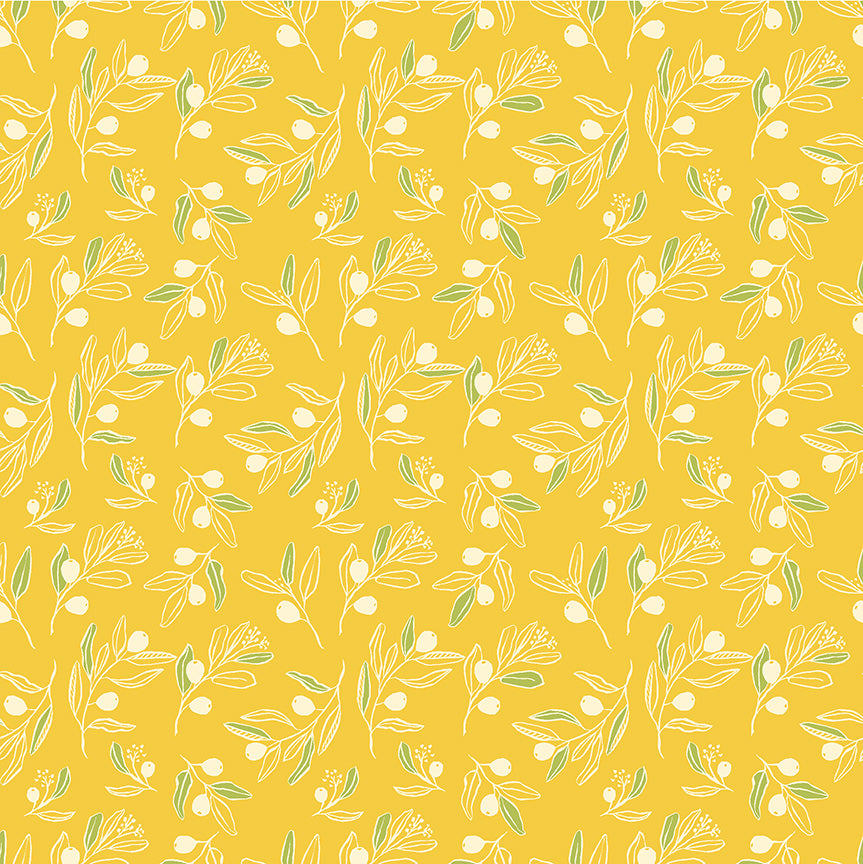 Berry Branch in Citron Poplin - Organic Cotton 44" Wide by the Half Yard