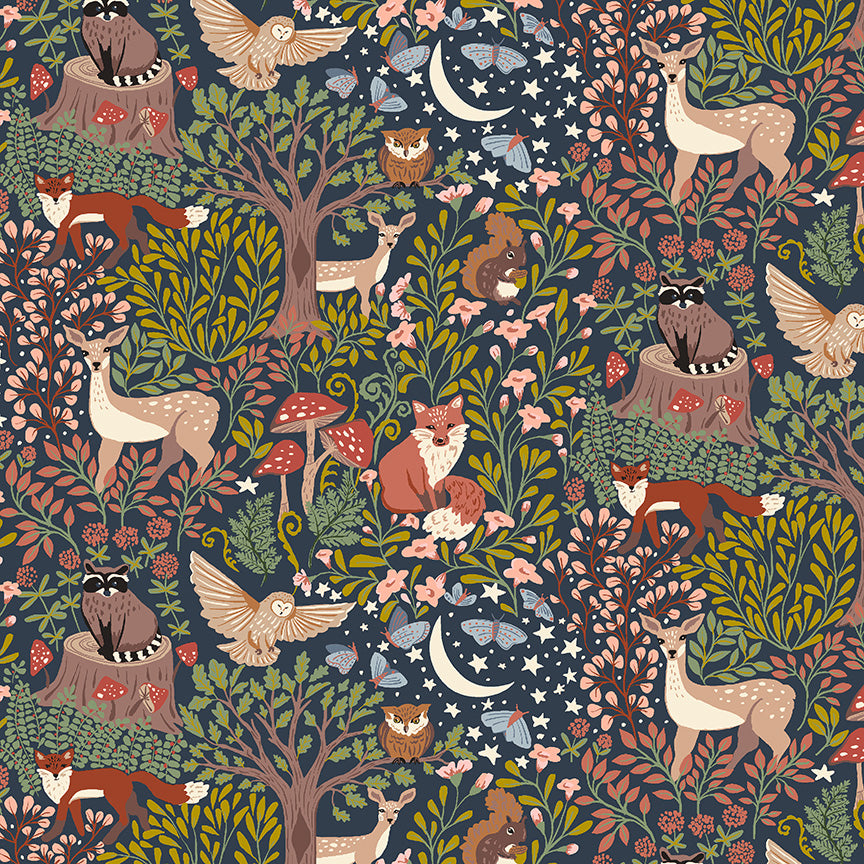 Flat print swatch — navy woodland scene