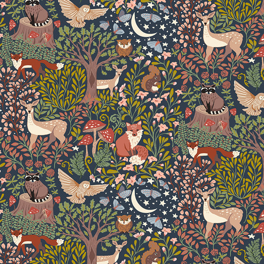 Flat print swatch — navy woodland scene