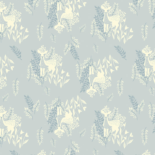 Pattern of deer and leaves on a light blue background
