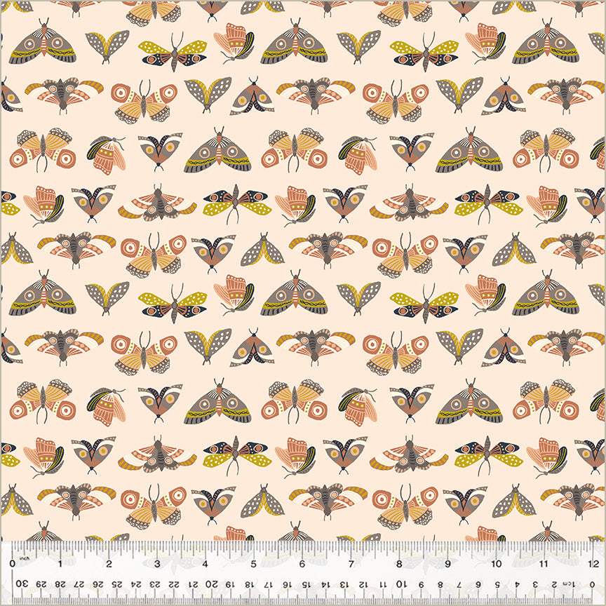 Pattern of stylized moths on a beige background with a ruler at the bottom.