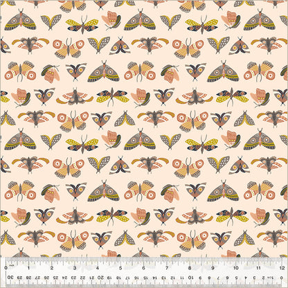Pattern of stylized moths on a beige background with a ruler at the bottom.