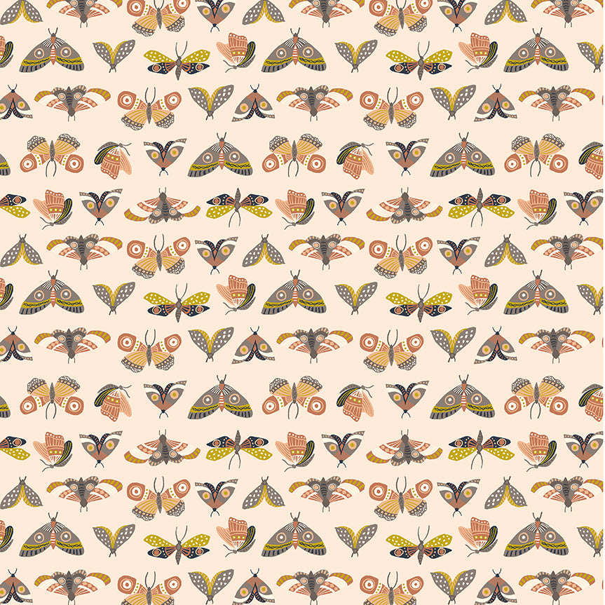 Pattern of stylized moths on a beige background