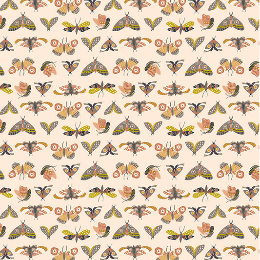 Pattern of stylized moths on a beige background