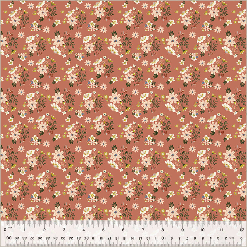 Floral pattern fabric with a ruler at the bottom for scale