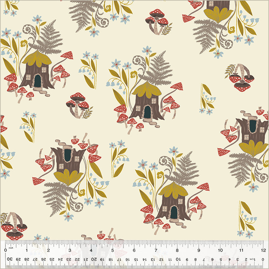 Fabric pattern with fairy houses, mushrooms, and flowers on a beige background.