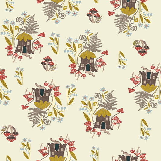 Pattern of fairy houses, mushrooms, and flowers on a beige background
