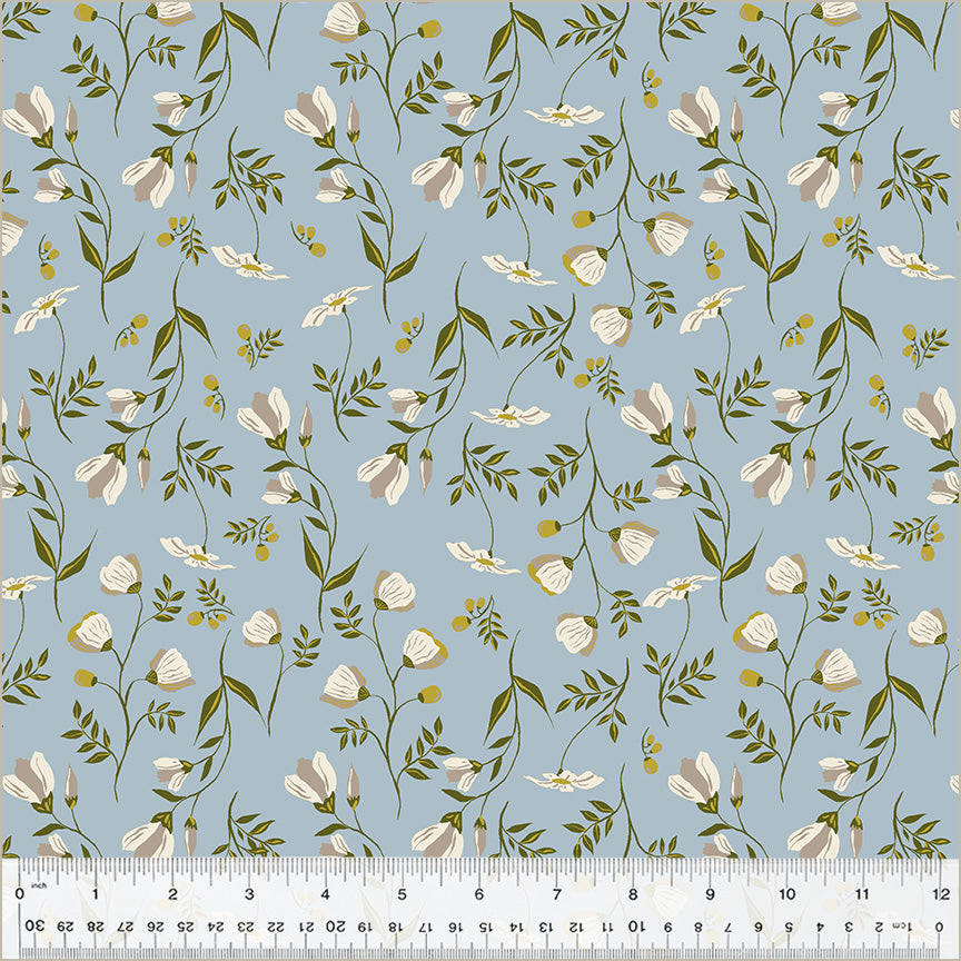 Floral pattern with white flowers and green leaves on a blue background, with a ruler at the bottom.