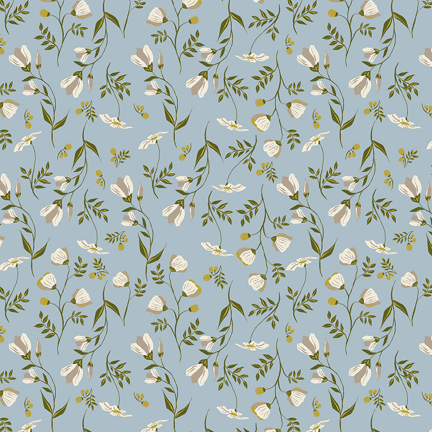Floral pattern with white flowers and green leaves on a blue background
