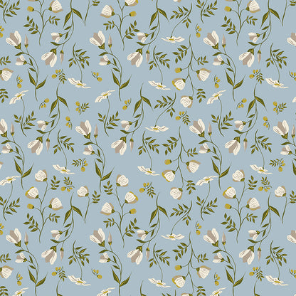 Floral pattern with white flowers and green leaves on a blue background
