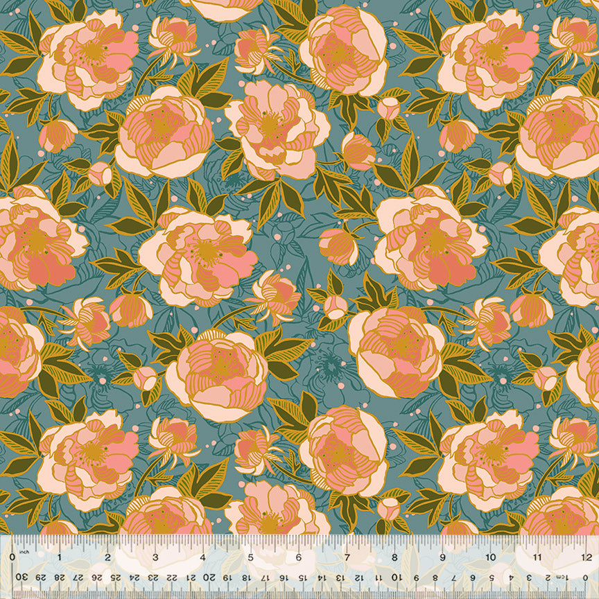 Wild Peonies Soft Teal Poplin - Organic Cotton 44" Wide by the Half Yard