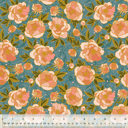 Wild Peonies Soft Teal Poplin - Organic Cotton 44" Wide by the Half Yard