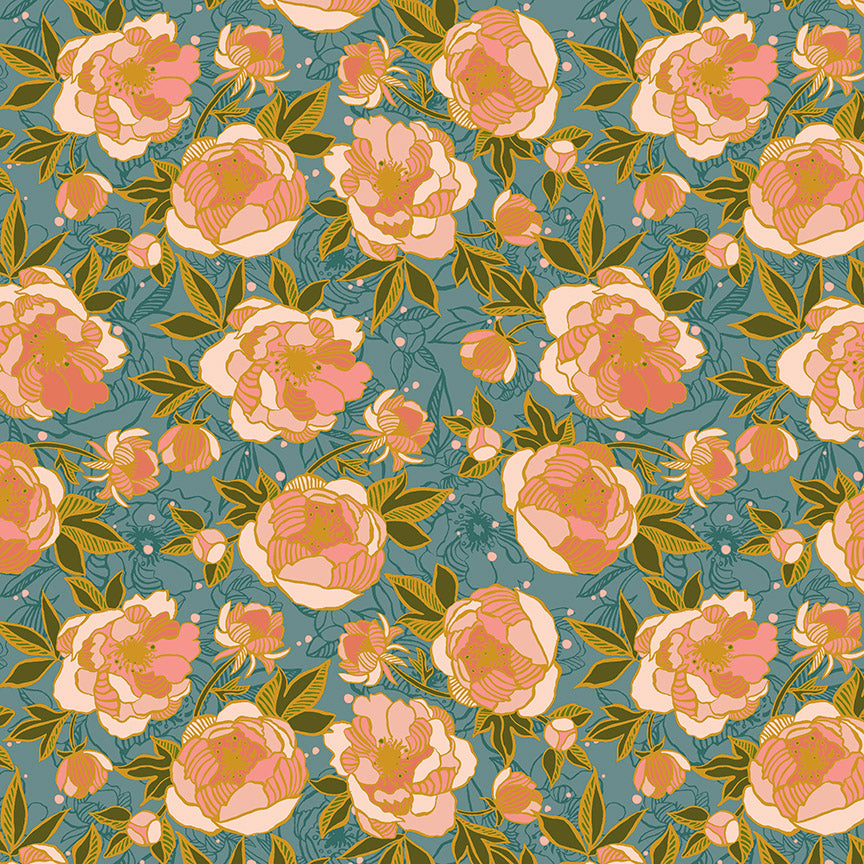 Wild Peonies Soft Teal Poplin - Organic Cotton 44" Wide by the Half Yard