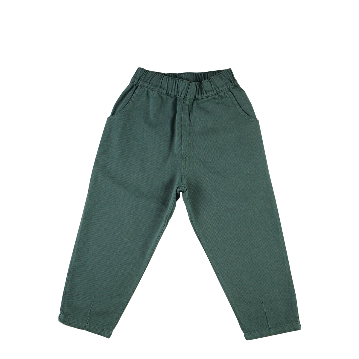 A pair of toddler's dark green pants with an elastic waistband and side pockets, laid flat on a white background.