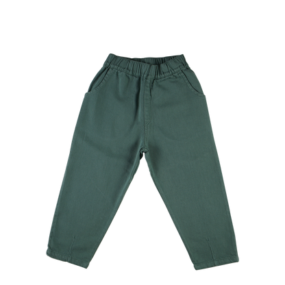 A pair of toddler's dark green pants with an elastic waistband and side pockets, laid flat on a white background.