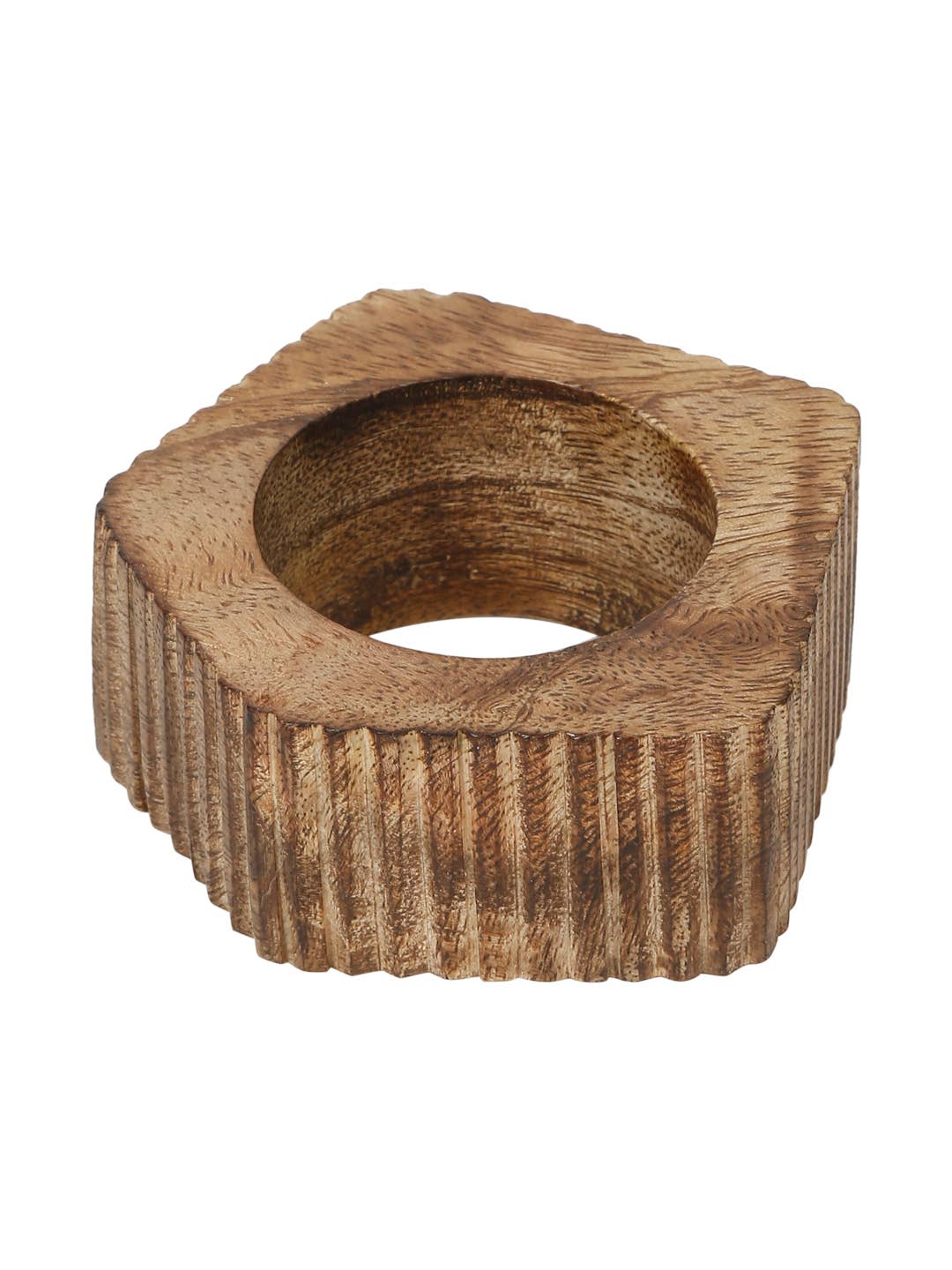 Wooden napkin ring with textured surface on a white background