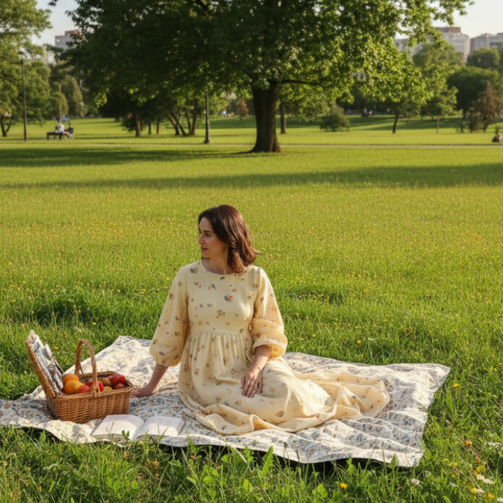Woman in a yellow dress sitting on a blanket in a park with a picnic basket.