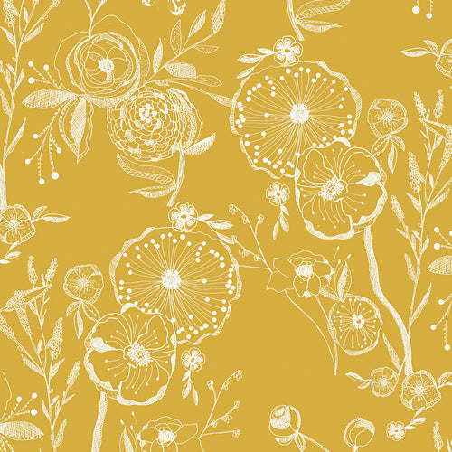 Floral pattern with white flowers on a mustard yellow background