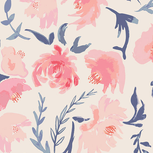 Floral pattern with pink and blue flowers on a light background