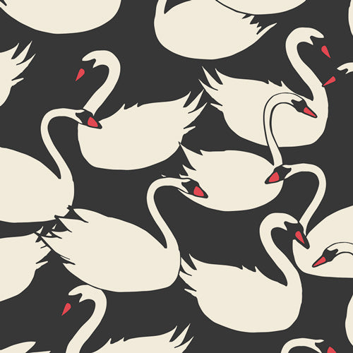 Pattern of white swans with red accents on a black background