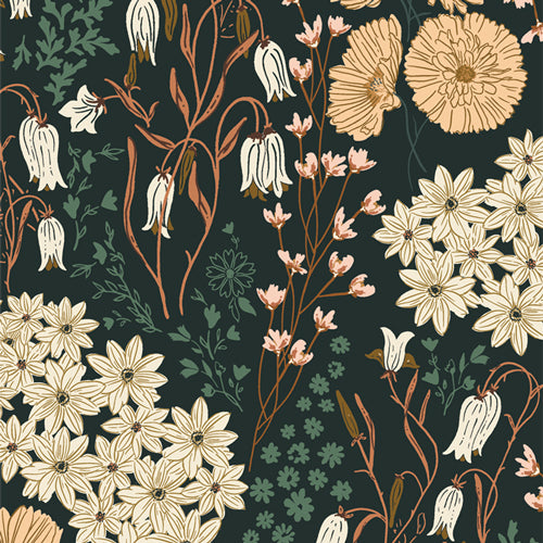 Floral pattern with various flowers on a dark background