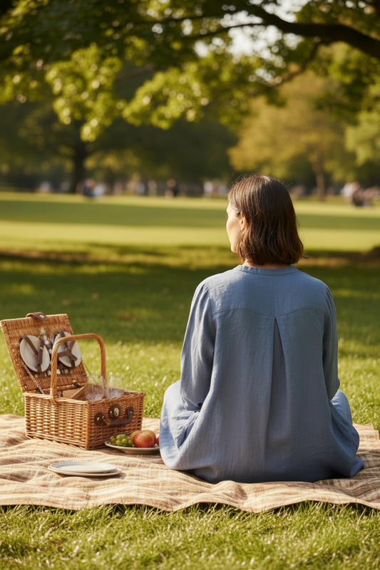 Woman sitting on a picnic blanket in a park with a wicker basket and food.