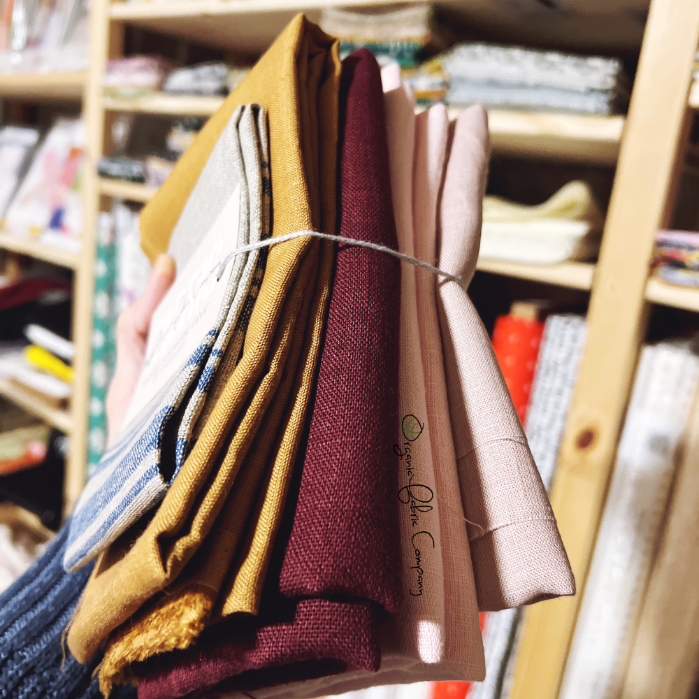 Premium European linen fabric pieces from grab bag showing natural texture and quality