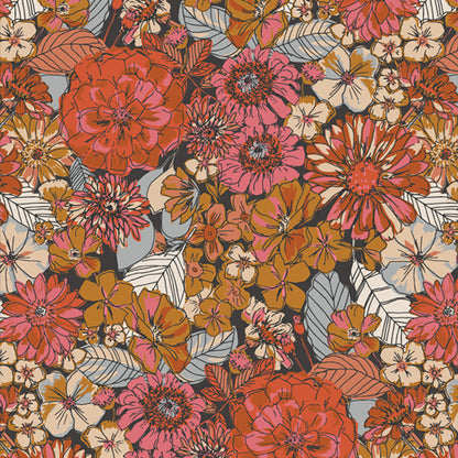 Colorful floral pattern with various flowers on a black background