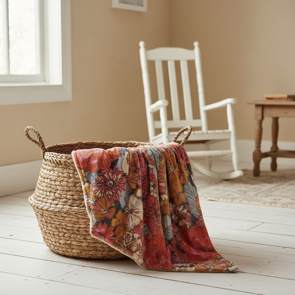 Woven basket with a floral blanket on a wooden floor in a room with a rocking chair and table.